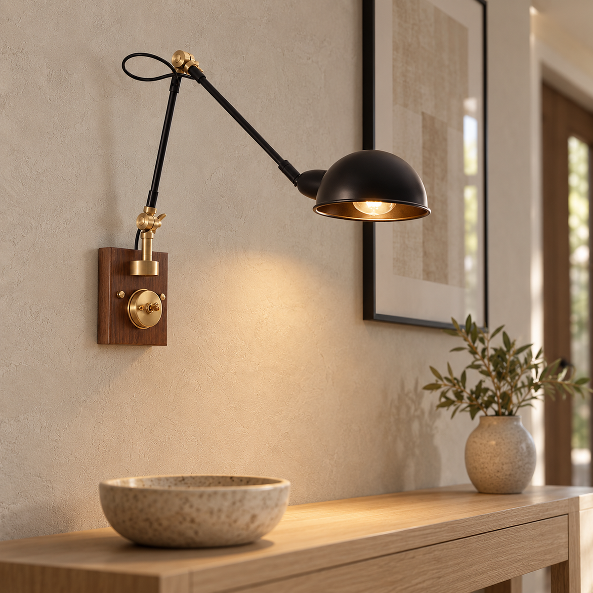 Milorena walnut color and black wall sconce showing the wall mount and adjustable joints