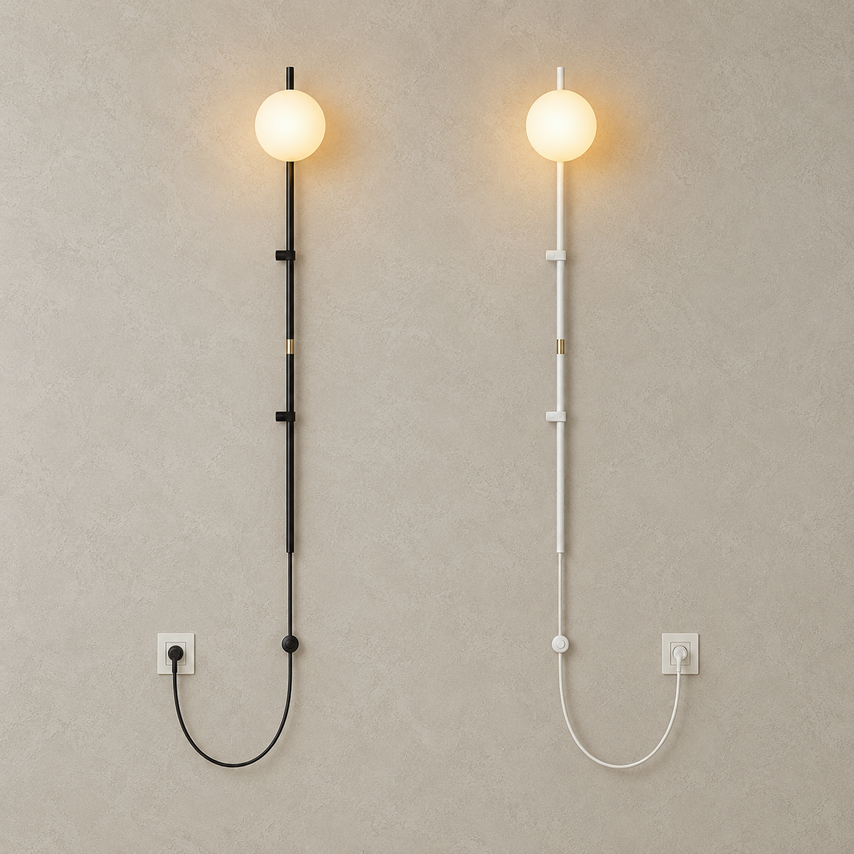 Milorsa black and white plug in wall lamps glowing side by side on a plain plate