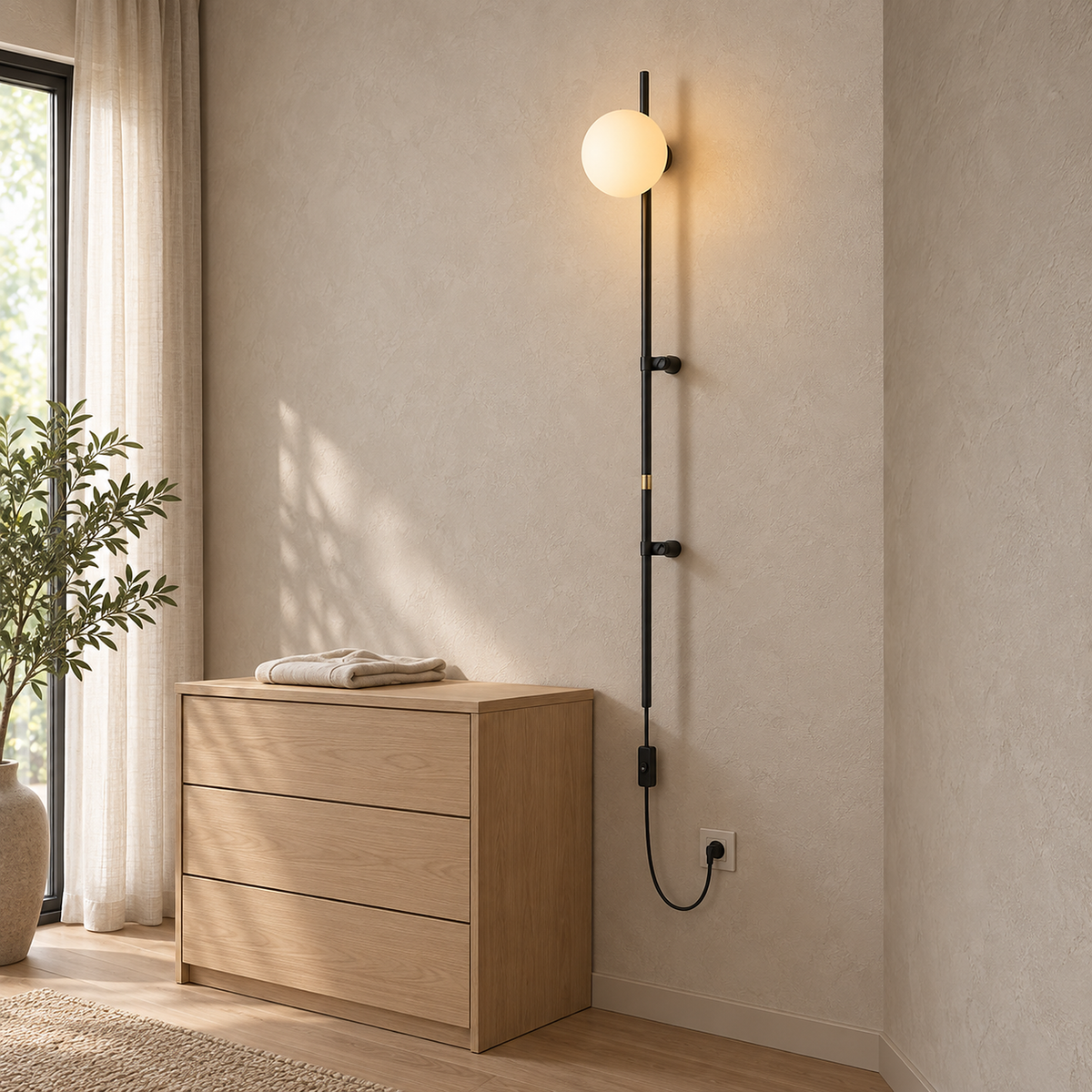 Milorsa black plug in wall light lit, showing its small wall mounts and long slim pole