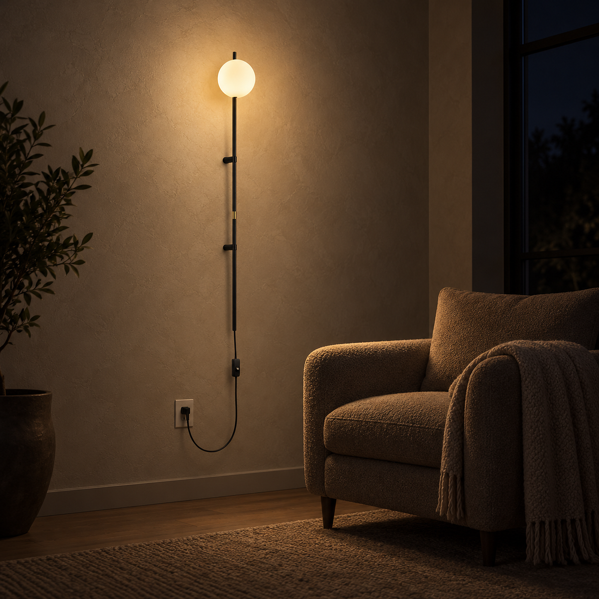 Milorsa black led wall sconce casting evening light beside an armchair in an upstairs snug