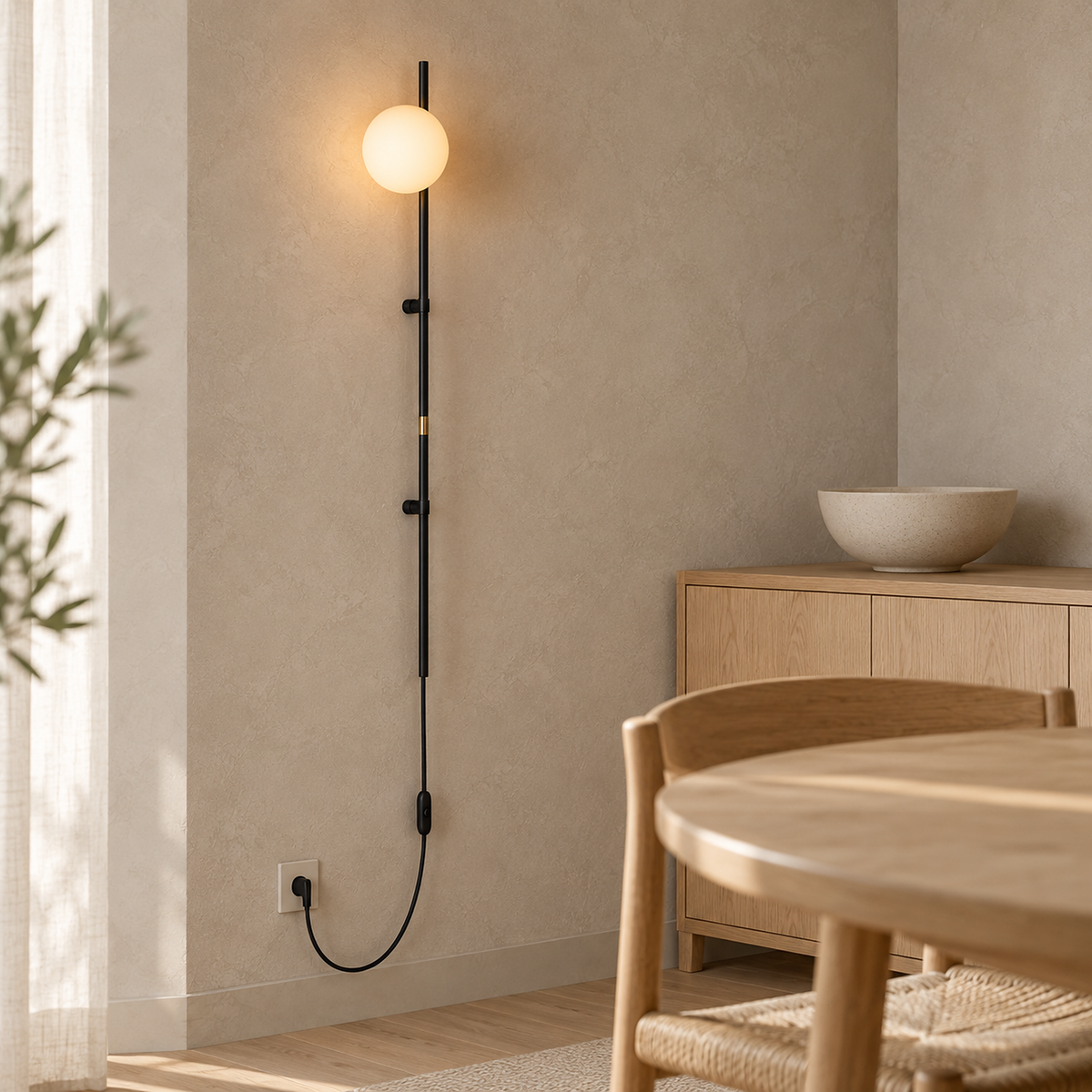 Milorsa black wall light with a softly glowing frosted glass globe in a dining alcove