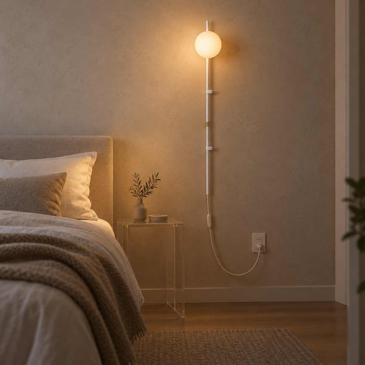 Milorsa white bedside wall light warming a quiet corner beside a guest bed #color_white