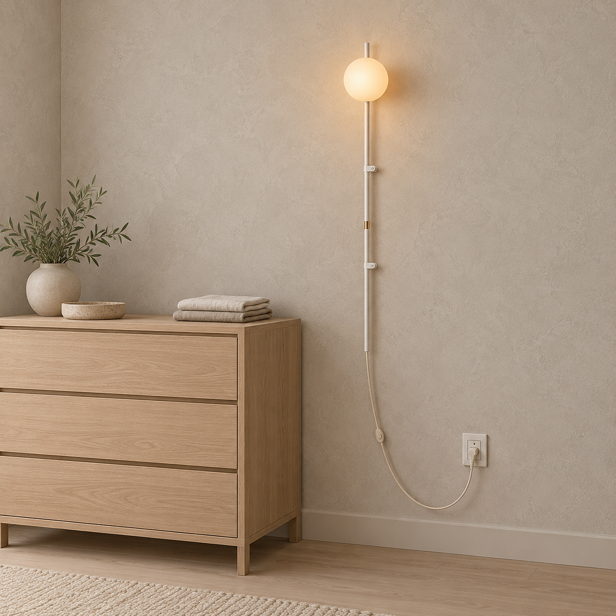 Milorsa white led wall sconce glowing beside a chest of drawers in a dressing room #color_white