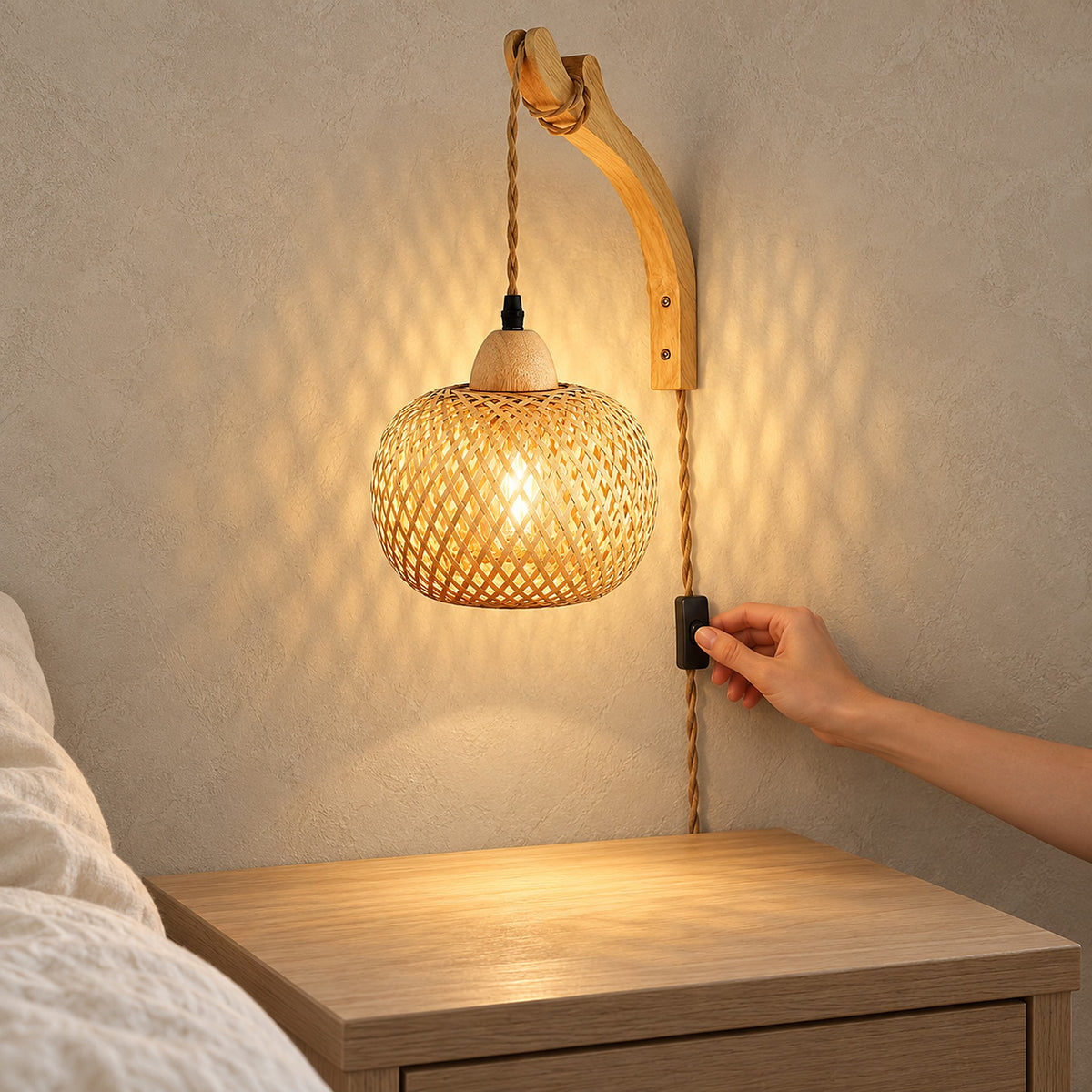 Milsoren golden brown bamboo bedside wall light above a bare nightstand, hand on black cord control