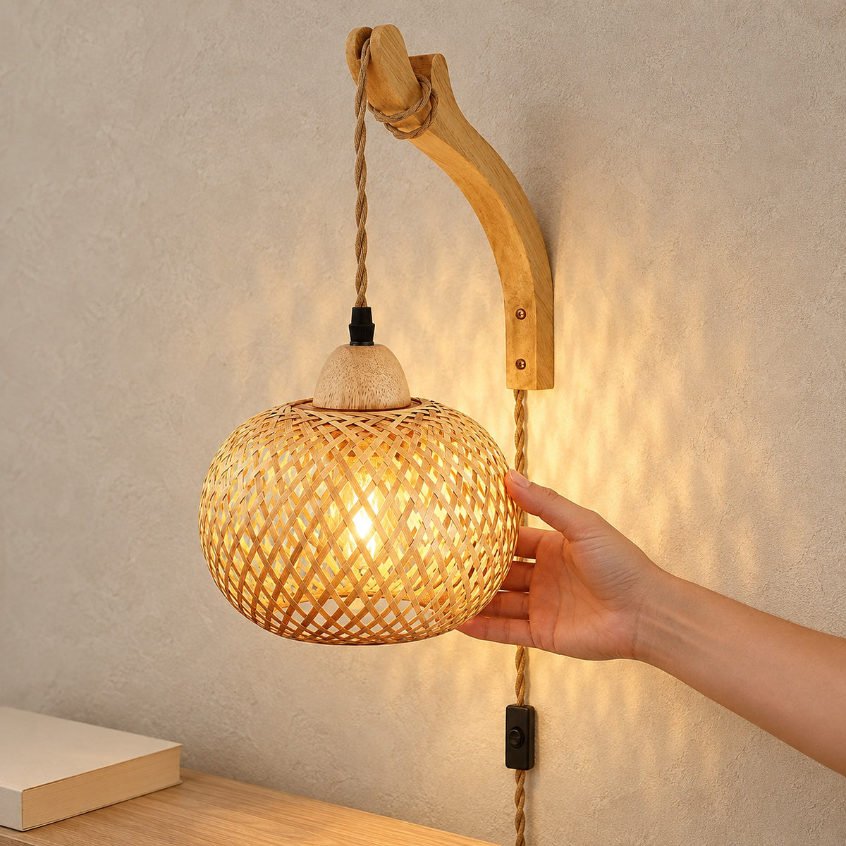 Milsoren bamboo plug in wall lamp with a shortened hanging cord and curved wooden arm in a hallway