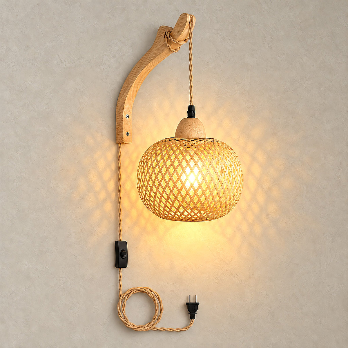 Milsoren bamboo plug in wall sconce lit with a warm glow and woven light patterns