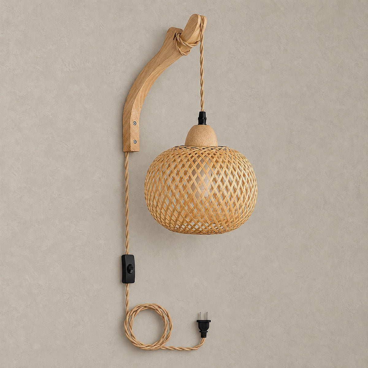 Milsoren bamboo plug in wicker wall sconce, unlit, with woven lantern shade on a curved wood arm