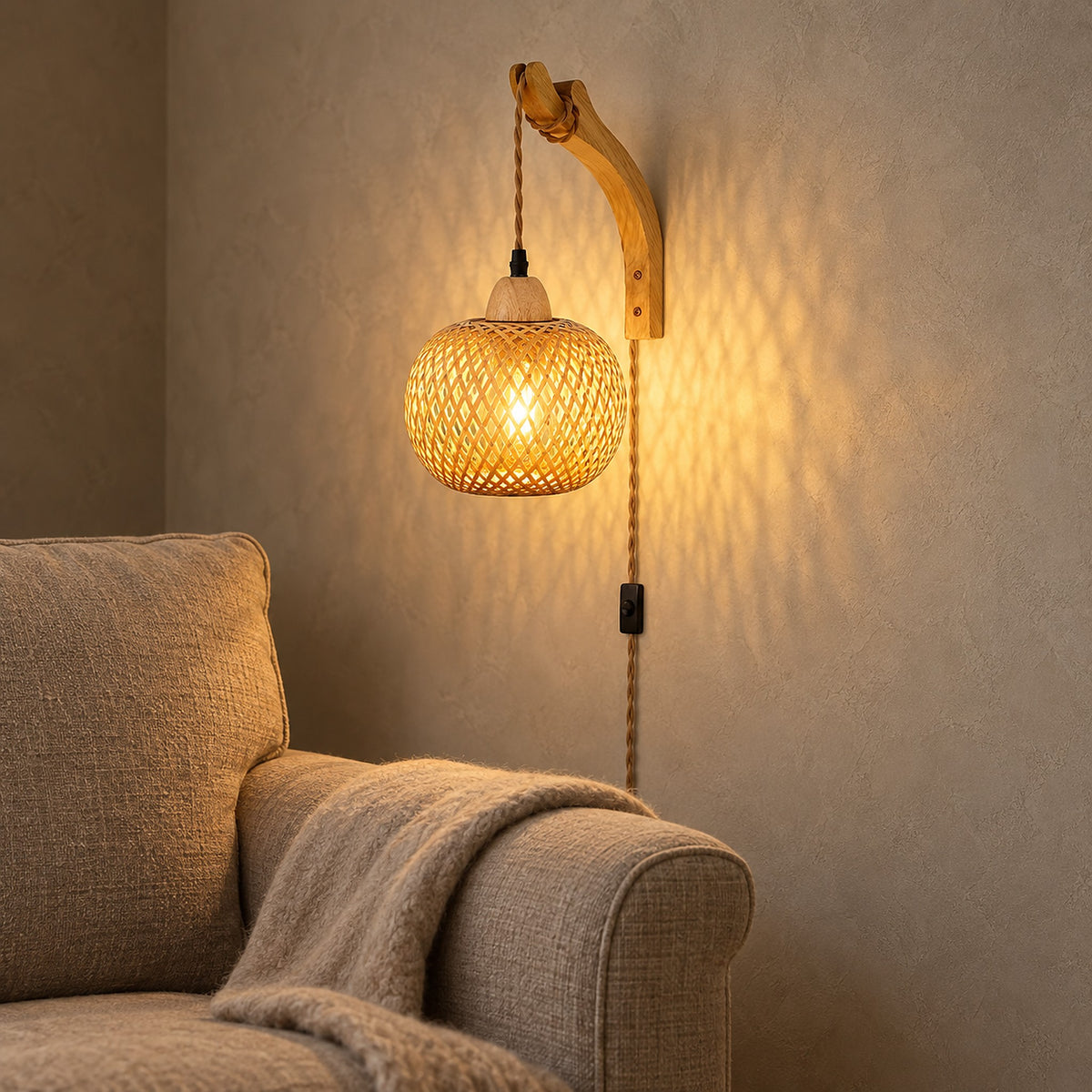 Milsoren bamboo wall lamp side view showing the curved solid wood wall holder