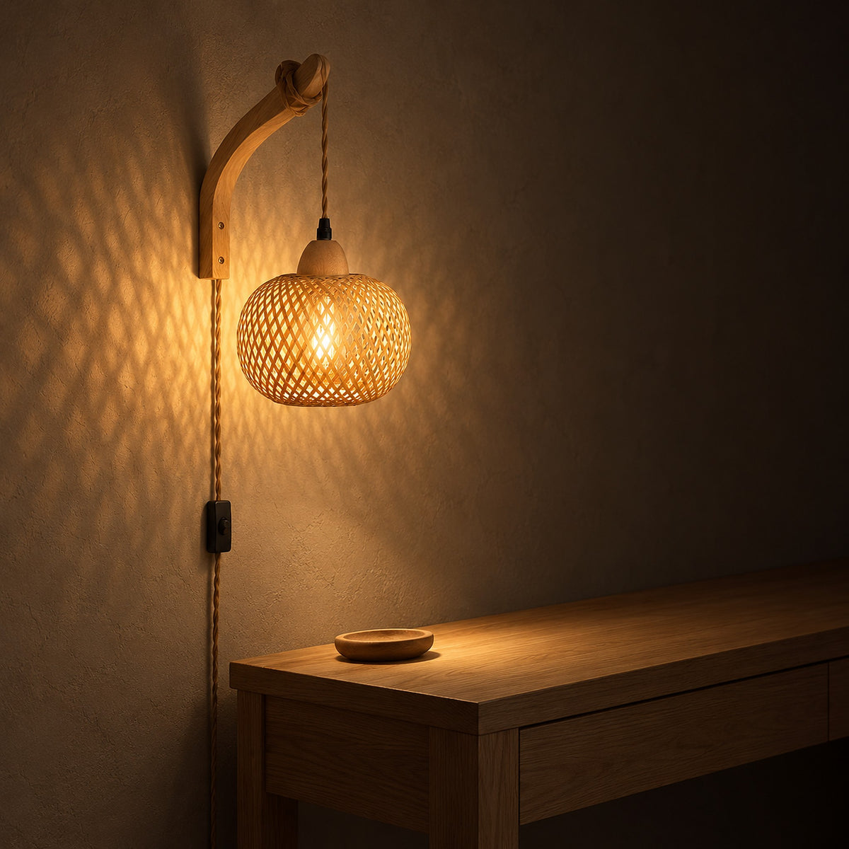 Milsoren bamboo wall sconce lighting an entryway console at night