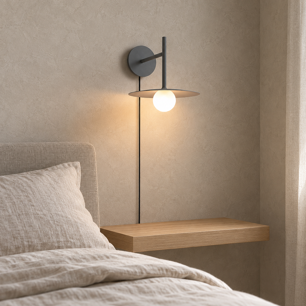 Milvaro gray bedside lamp lit beside a guest bed in soft natural daylight #color_gray
