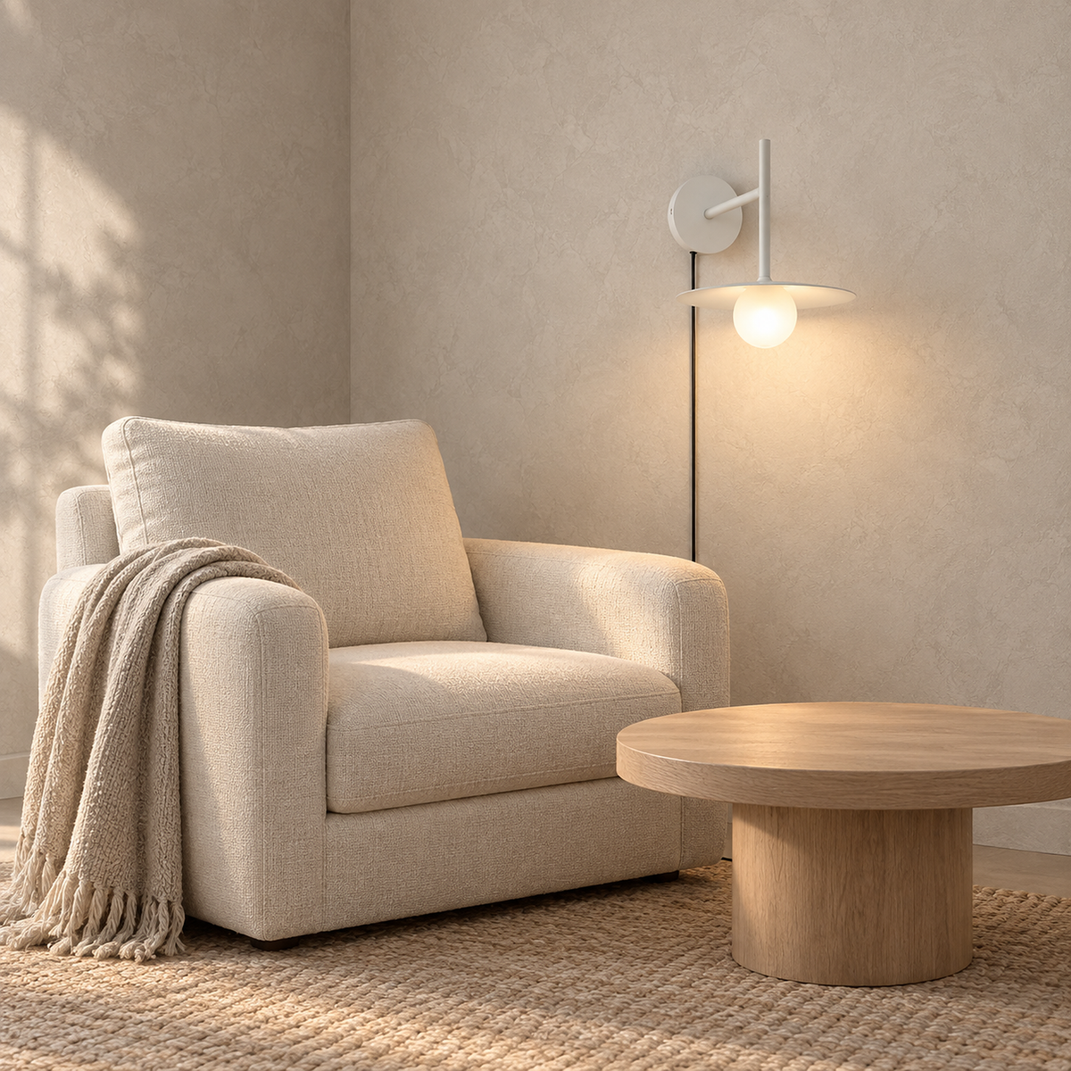 Milvaro white LED wall sconce casting ambient light beside a living room armchair