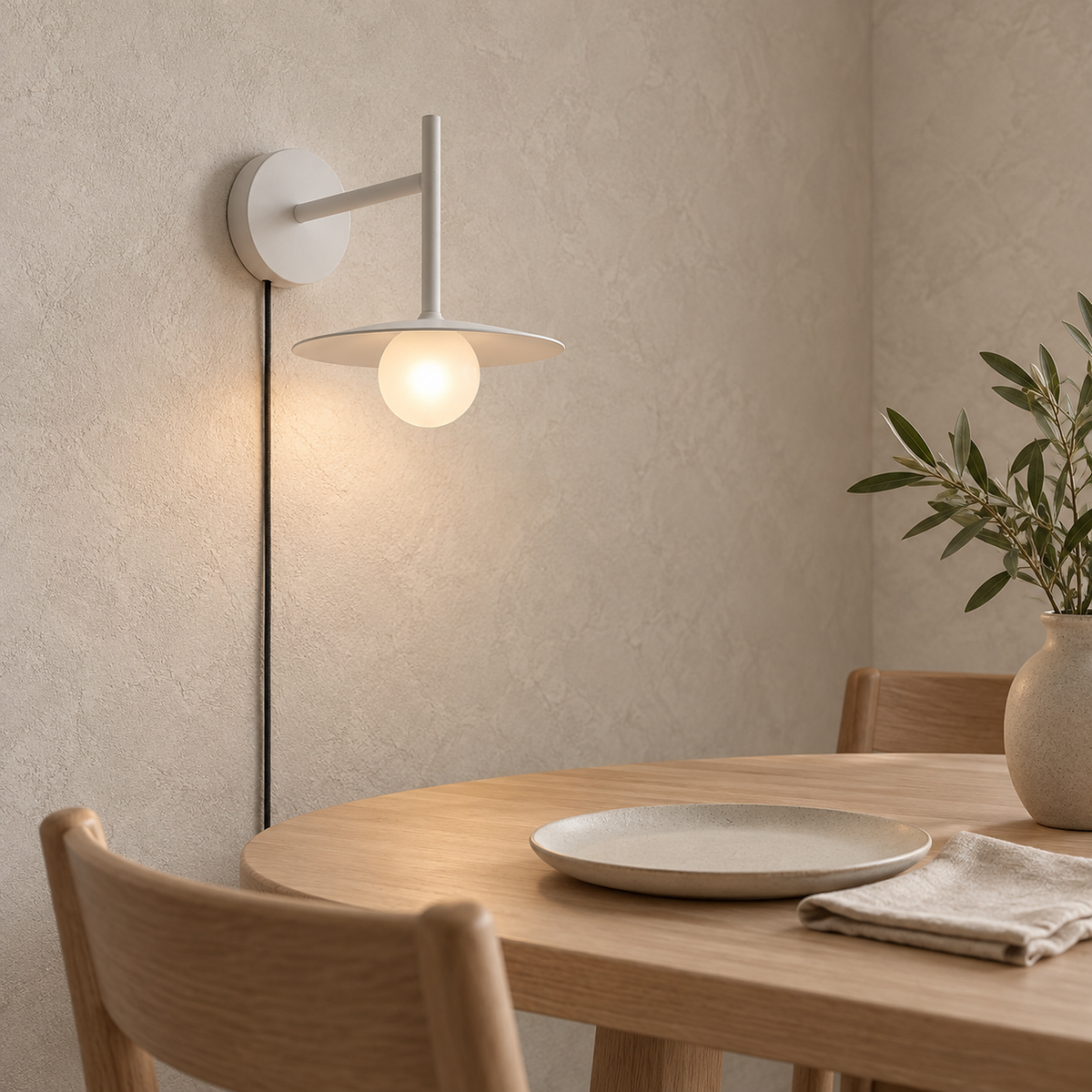 Milvaro white plug in wall sconce lit above a dining table with its cord running down the wall