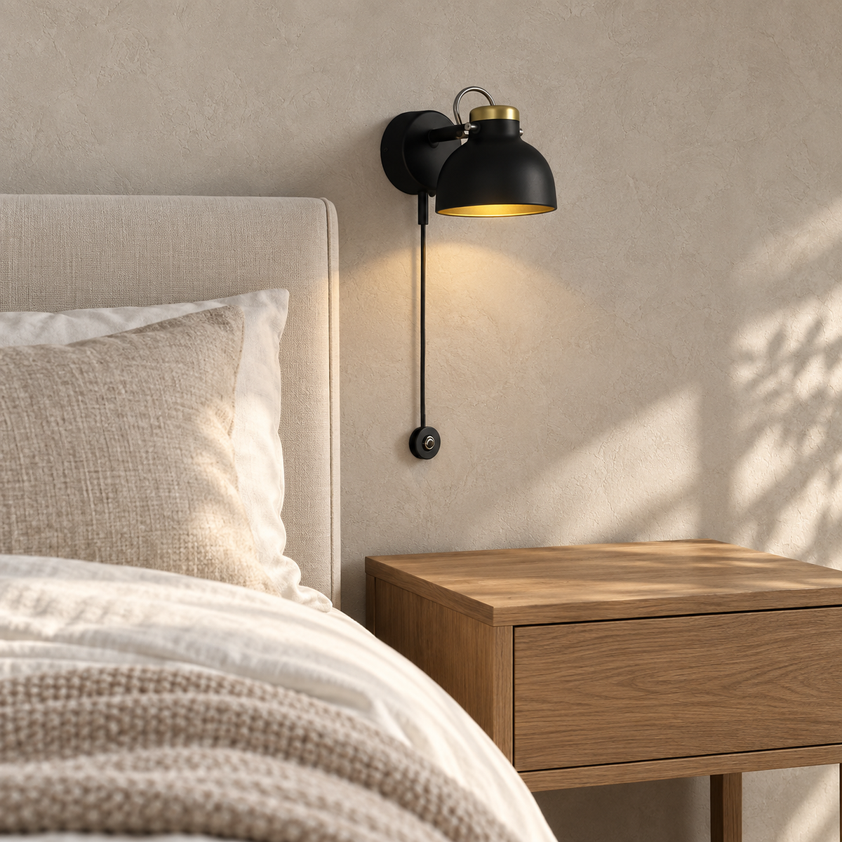 Miralote black bedside wall light lit above an empty nightstand in a bedroom