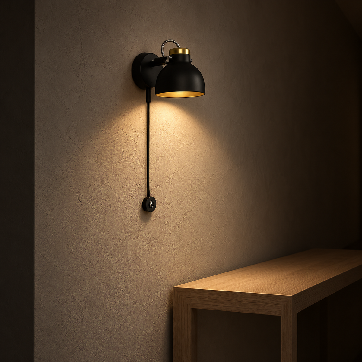 Miralote black wall lamp casting a small pool of light in a hallway at night