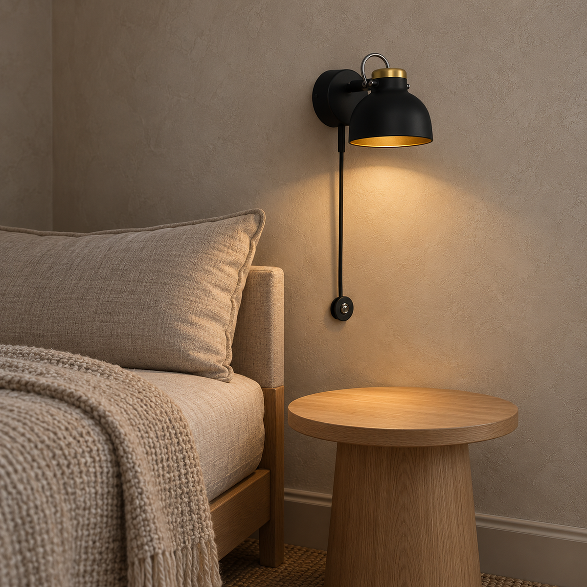 Miralote black wall light lit above a daybed, leaving the side table clear