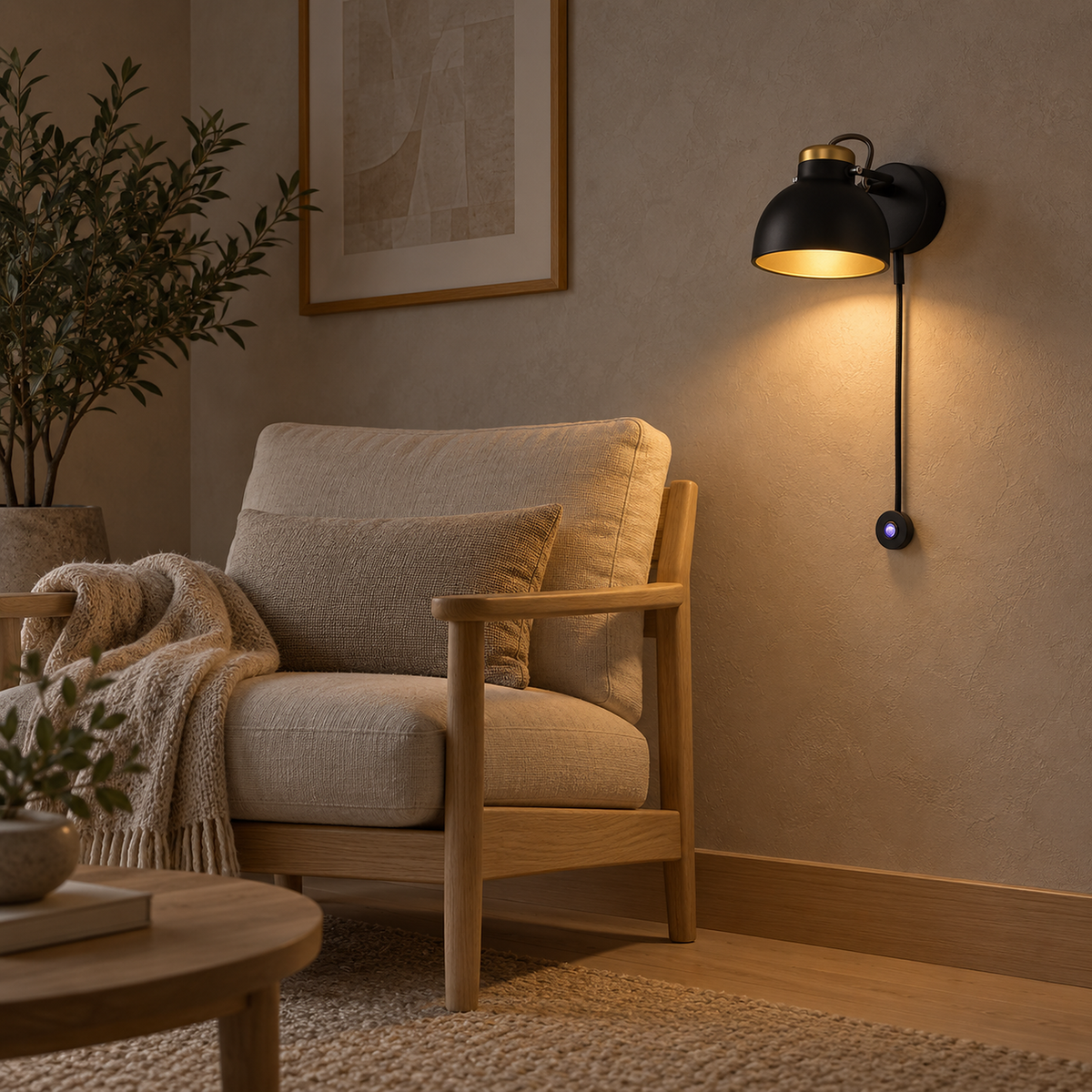 Miralote black wall light with a fingertip on its glowing touch control