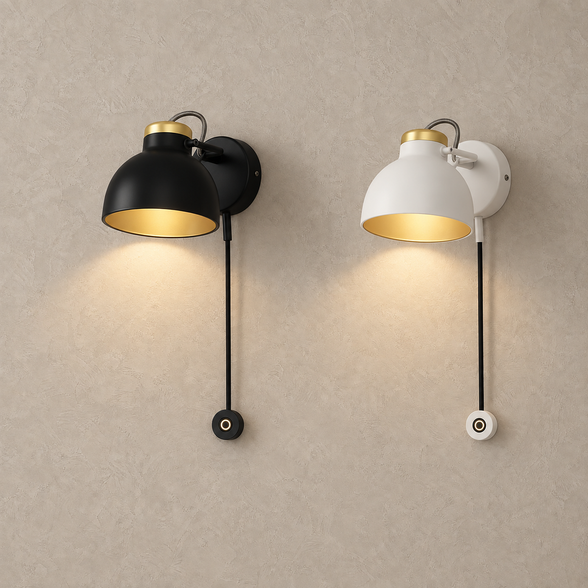 Miralote wall sconces in black and white lit side by side on a plain background