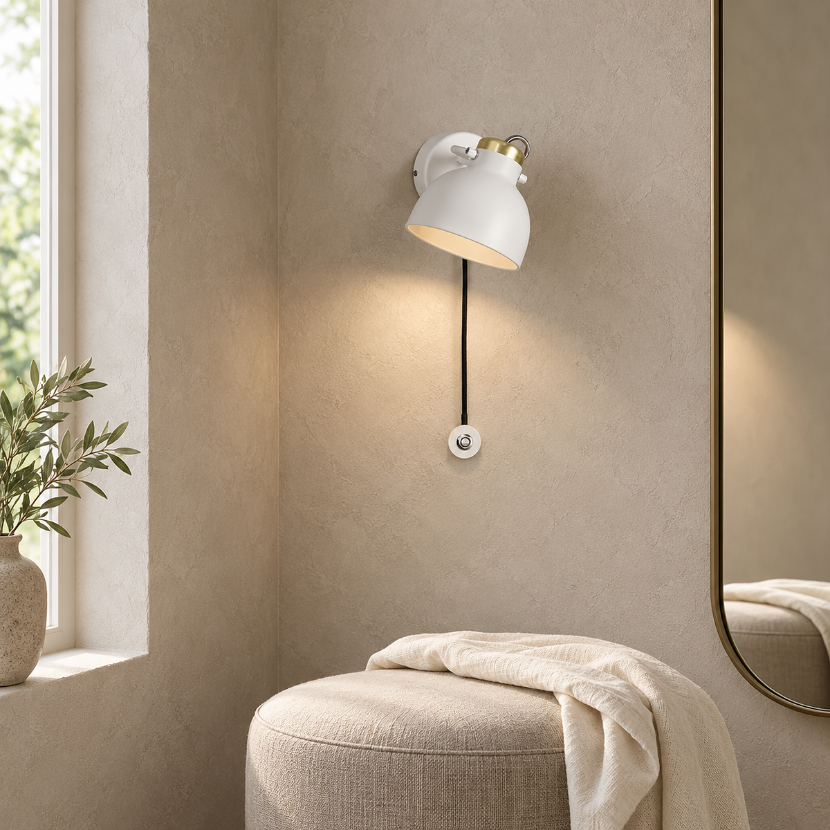 Miralote white wall lamp glowing beside a dressing room mirror in daylight #color_white