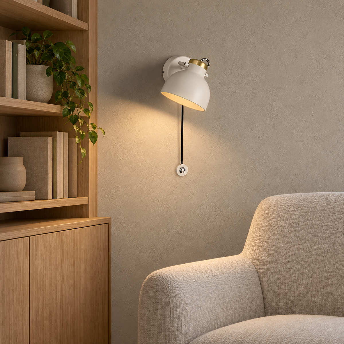 Miralote white wall light casting a warm pool beside an empty ivory reading chair #color_white
