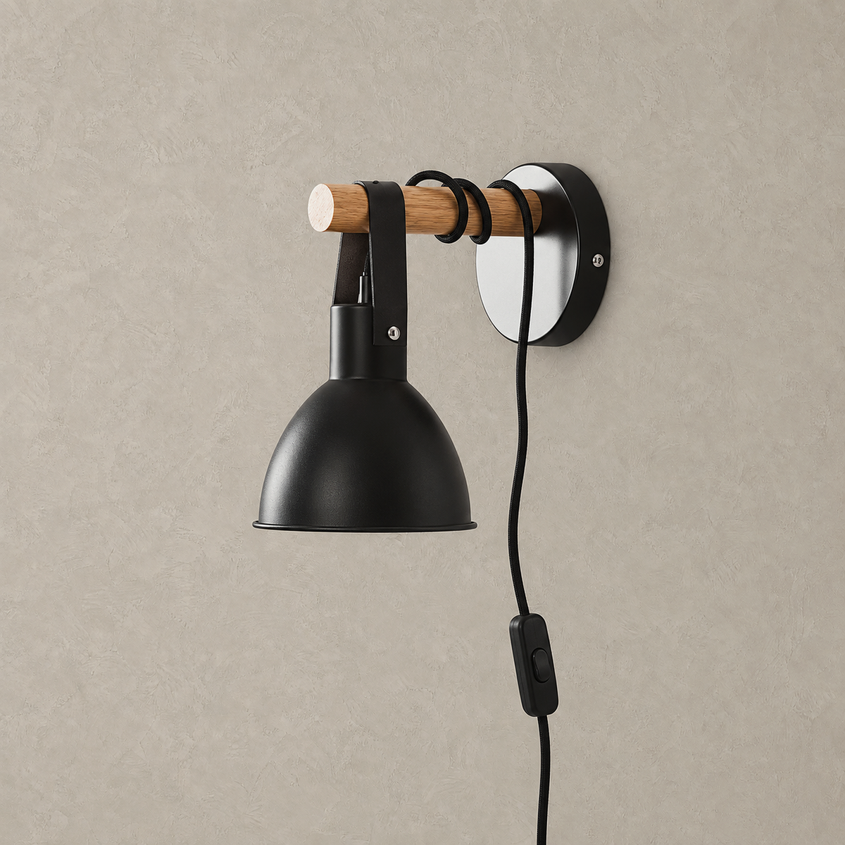 Mirotel black plug in wall sconce shown unlit against warm greige lime plaster