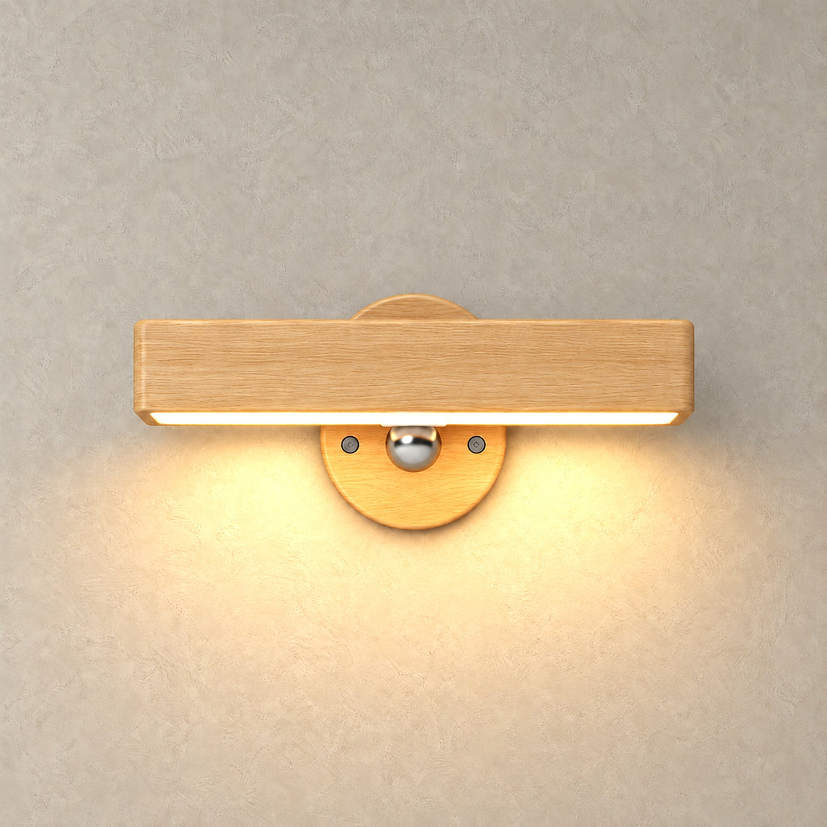 Mirsavel natural rechargeable wall sconce glowing softly against greige plaster