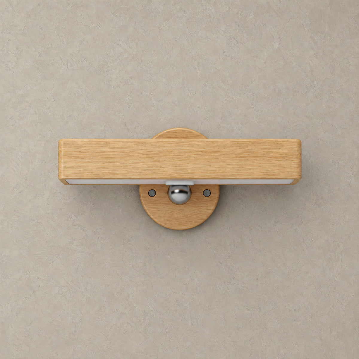 Mirsavel natural rechargeable wall sconce in solid wood, shown unlit against a plain plaster wall