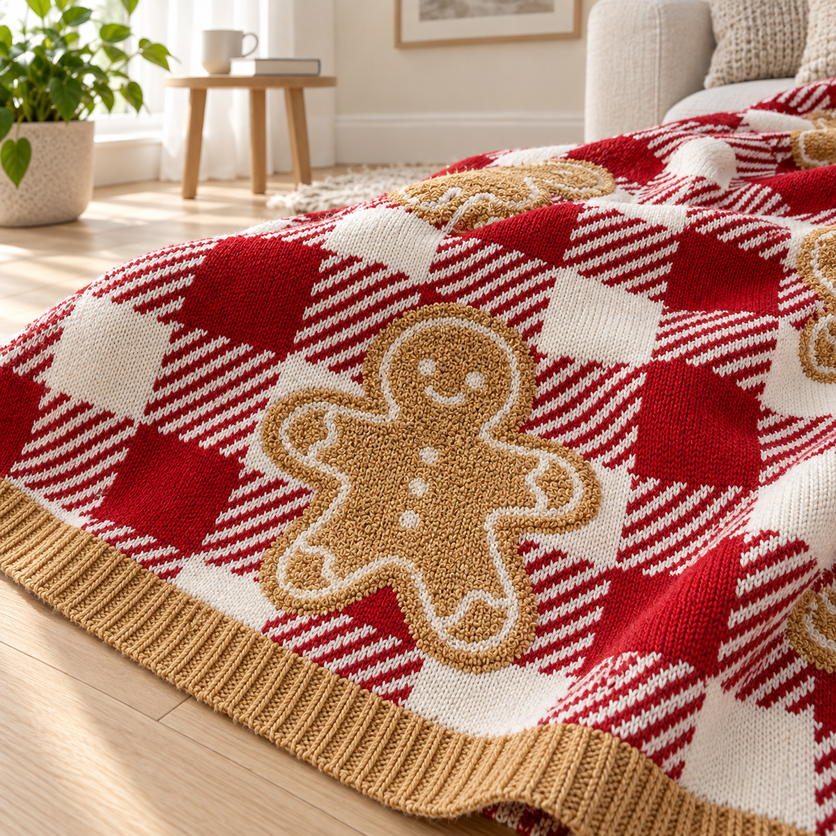 Mirvesa checkered gingerbread man knit throw blanket, close up of a raised gingerbread figure on red and white knit