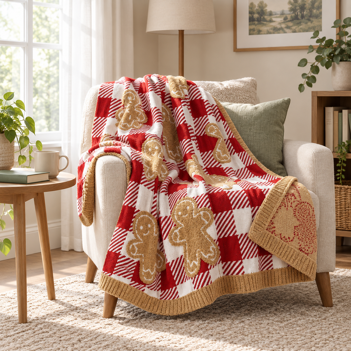 Mirvesa checkered gingerbread man knit throw blanket draped over an armchair arm in a furnished reading corner