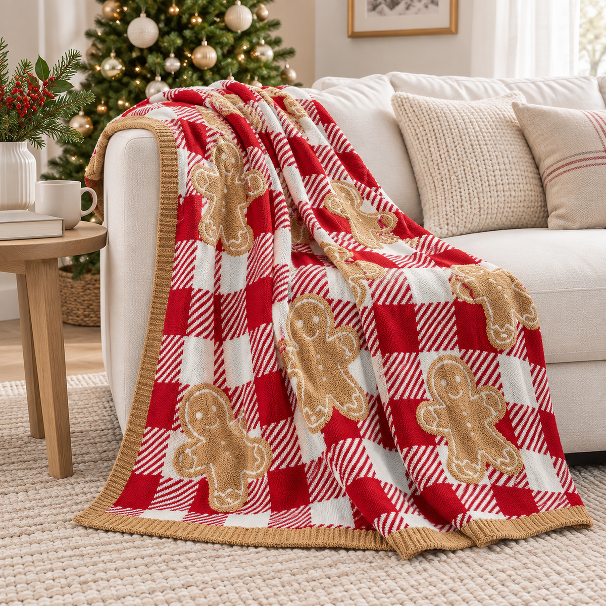 Mirvesa checkered gingerbread man throw blanket for couch draped open over a white christmas sofa in daylight
