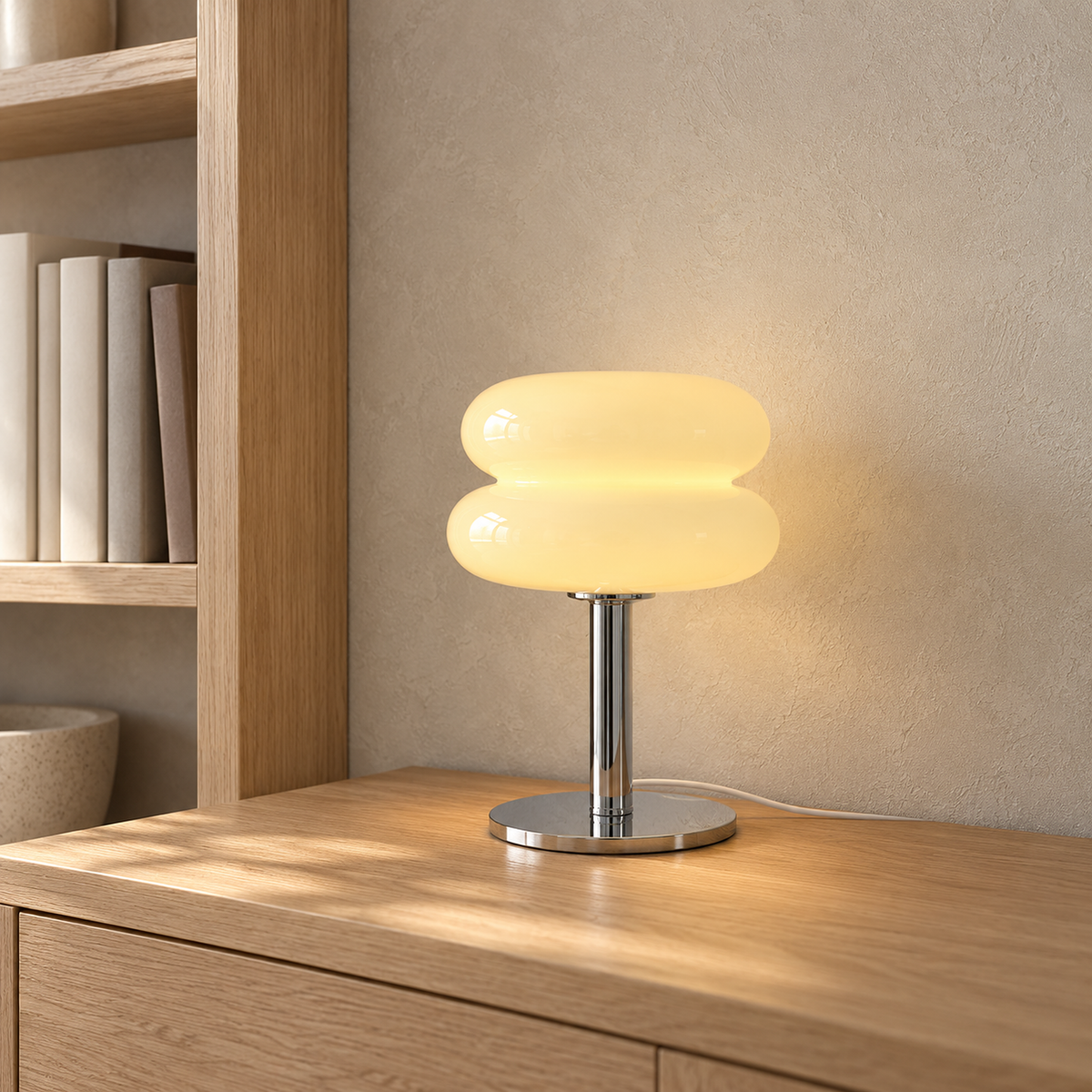 Misolen cream bedside lamp glowing beside a library bookcase on a bright day