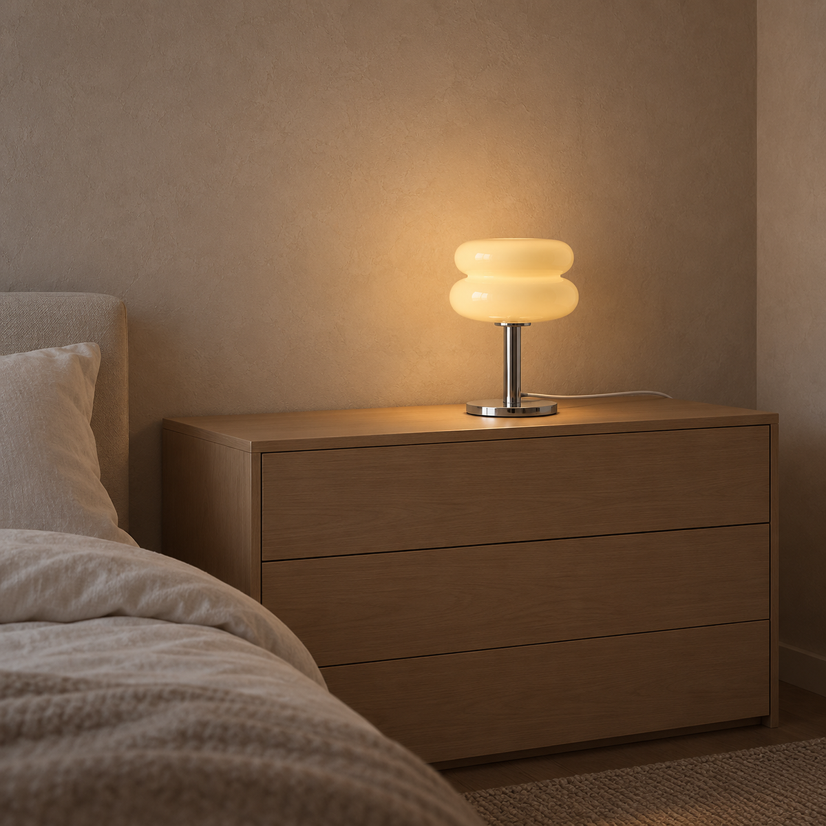 Misolen cream bedside lamp glowing on a bedroom dresser at dusk