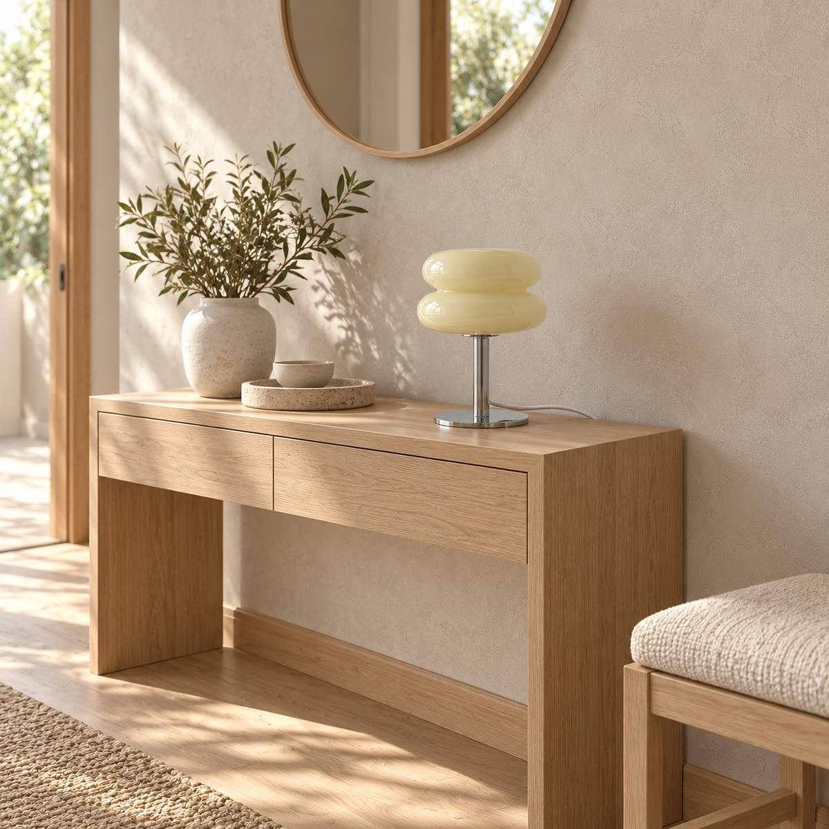 Misolen cream bedside lamp unlit on a sunlit entryway console table