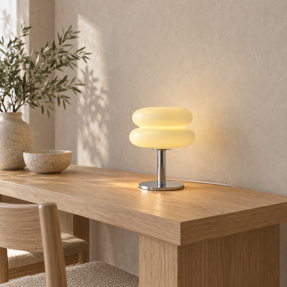 Misolen cream stained glass table lamp round base and cord on a dining room console
