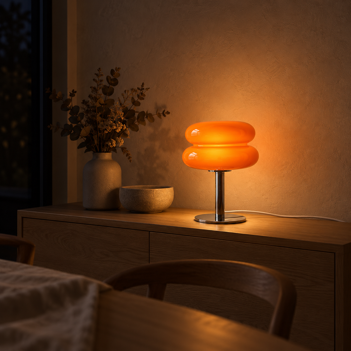 Misolen orange bedside lamp casting warm colored light in a dining room at night #color_orange