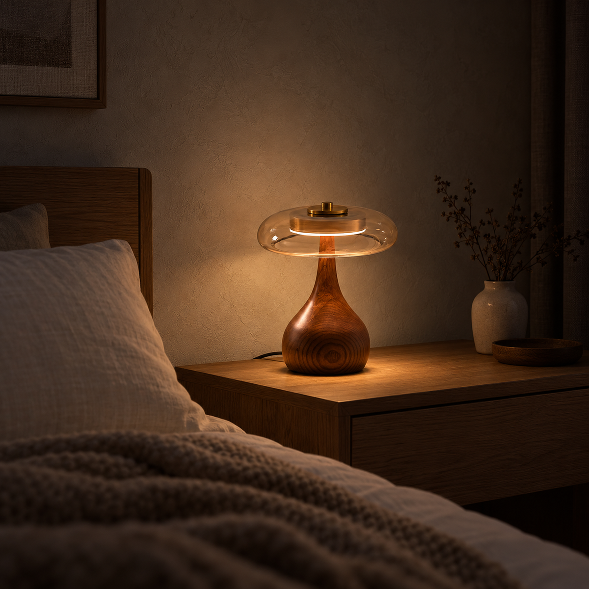 Molirea bedside lamp in brown wood and amber, dimmed low for a quiet evening in the bedroom