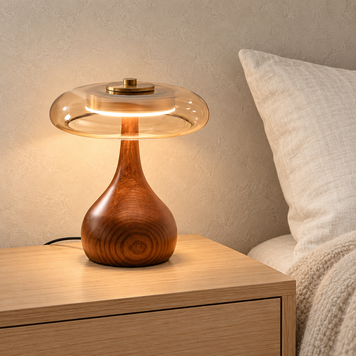Molirea bedside lamp in brown wood and amber glowing beside ivory bedding in a sleeping alcove