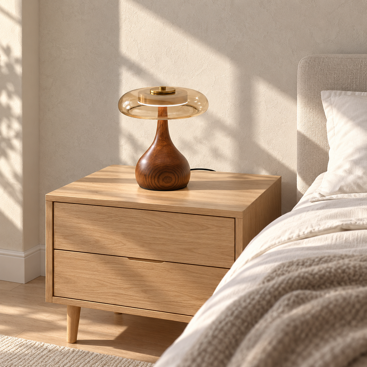 Molirea bedside lamp in brown wood and amber, unlit, leaving room on the nightstand