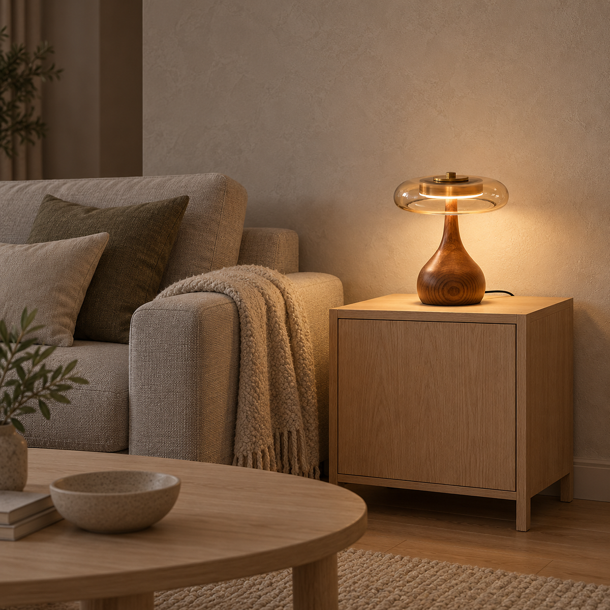 Molirea table lamp in brown wood and amber beside an oatmeal sofa in the living room
