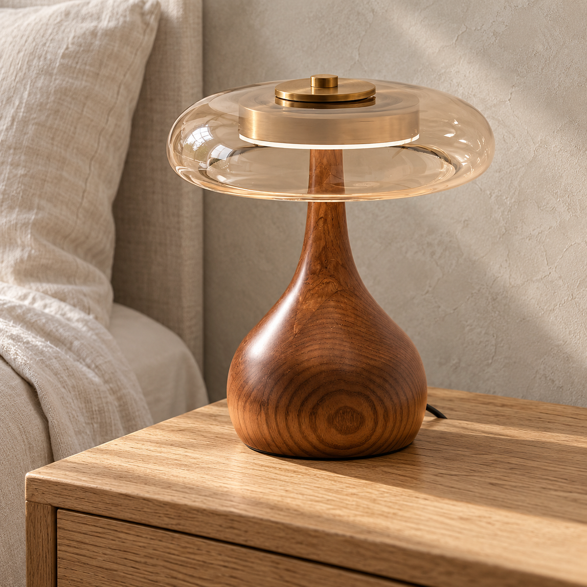 Molirea table lamp in brown wood and amber, close view of the glass shade and wood grain