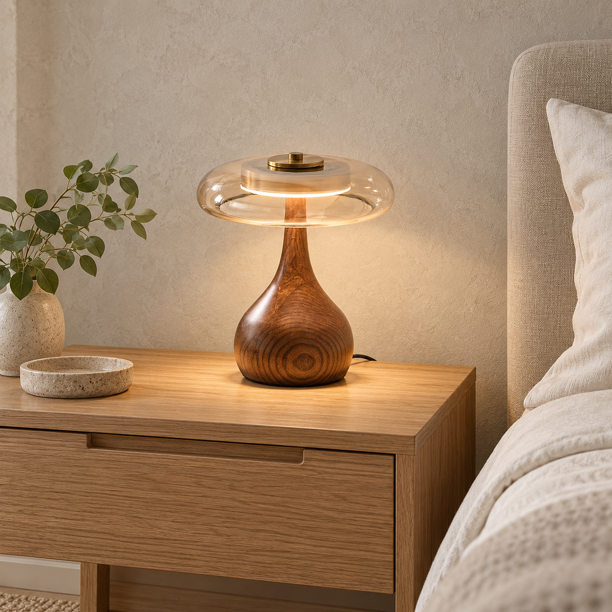 Molirea wood table lamp in brown wood and amber, its lit amber glass shade seen up close