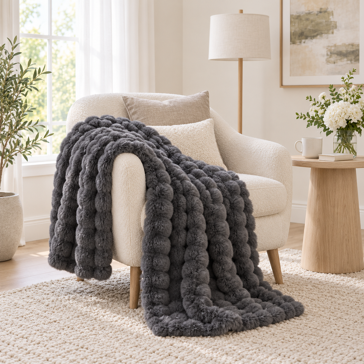 Molvari black throw blanket for couch draped over the arm of an ivory occasional chair #color_black