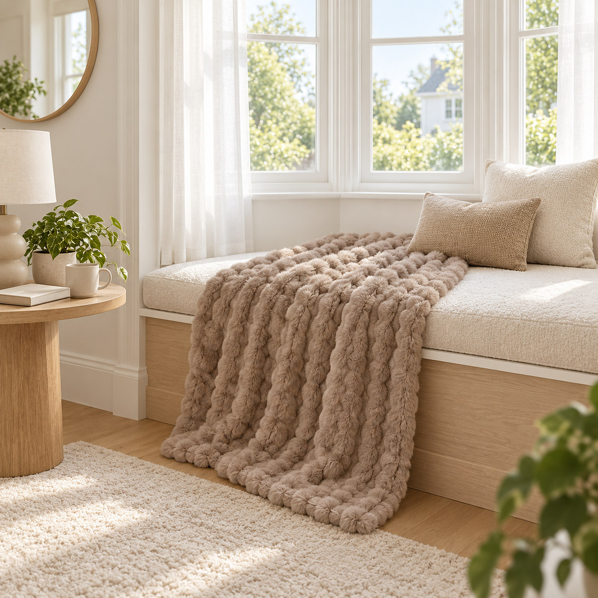 Molvari brown plush throw blanket draped across a window seat in an upstairs bay window nook
