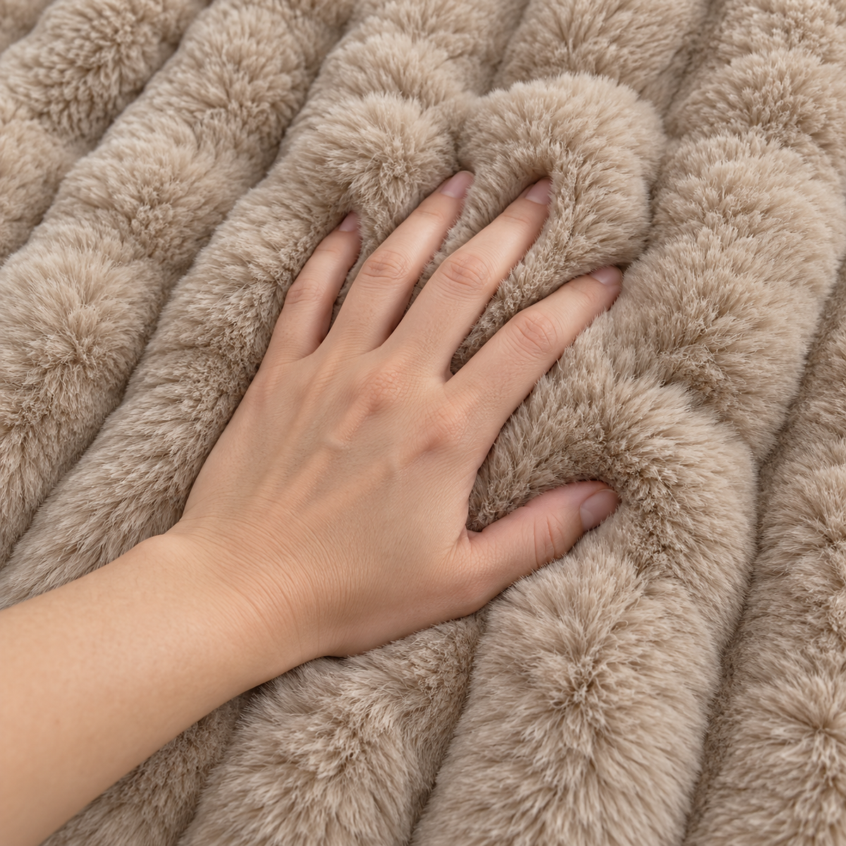 Molvari brown soft throw blanket with its thick pile pressed down by an adult hand