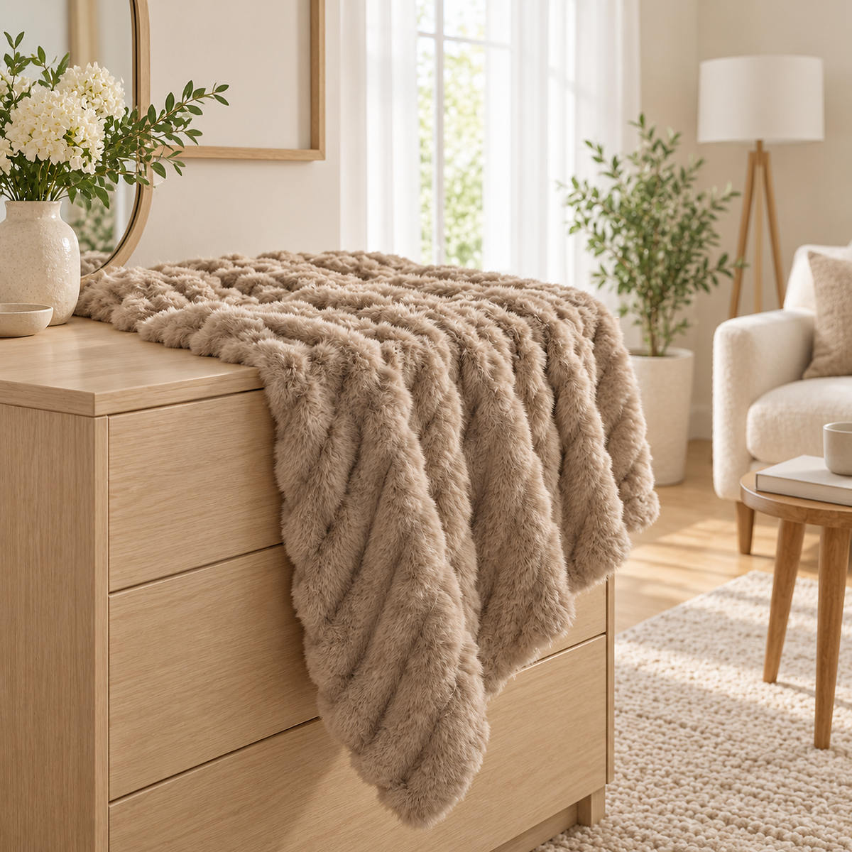 Molvari brown throw blanket corner showing the thick plush faux rabbit fur