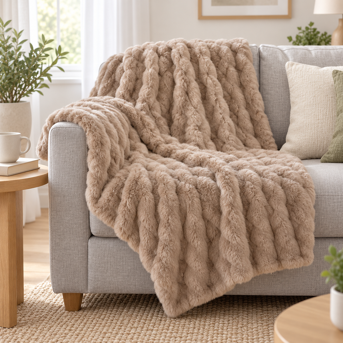 Molvari brown throw blanket for couch draped across the arm of a sofa in a bright living room
