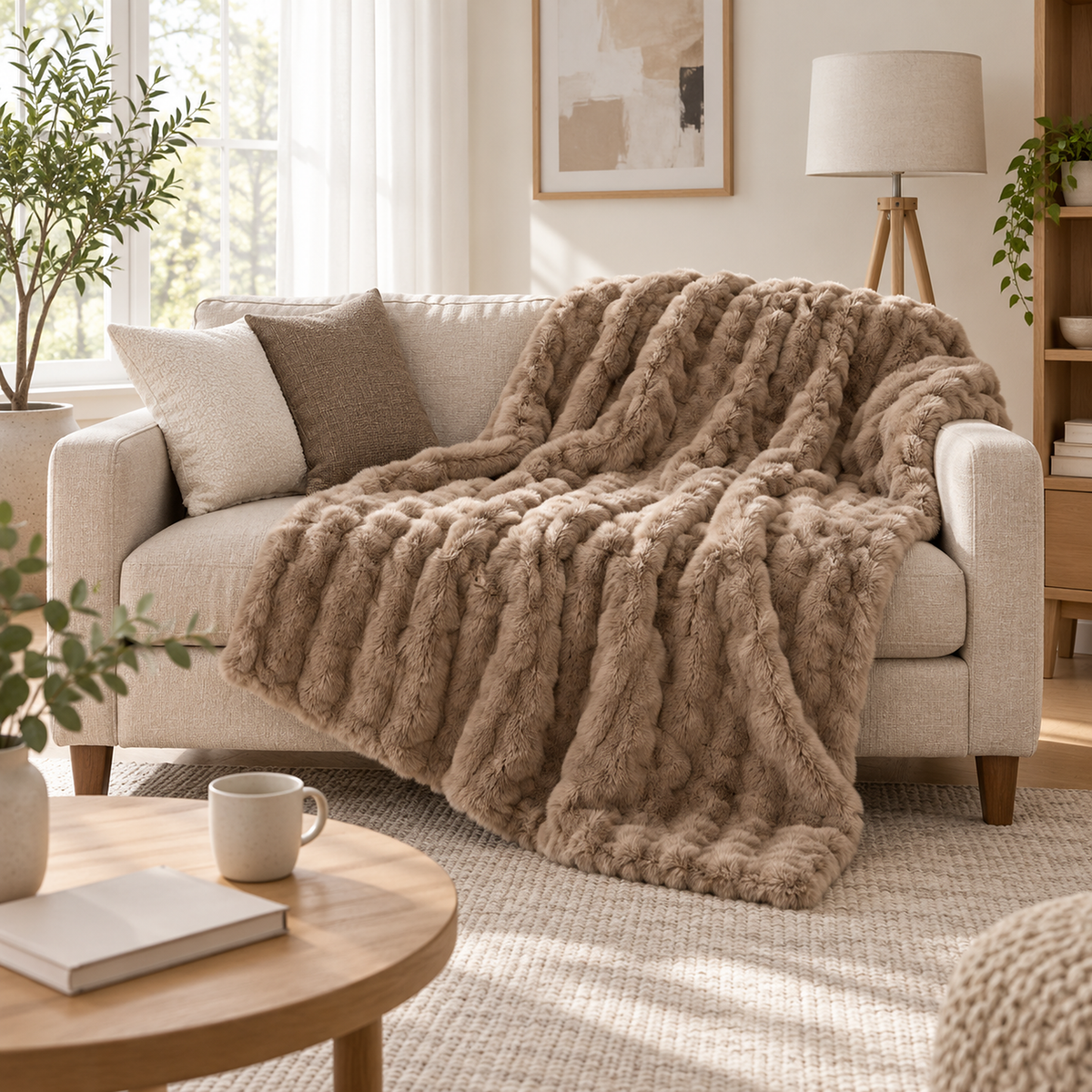 Molvari Brown throw blanket with plush raised rows draped over a light sofa with cushions.