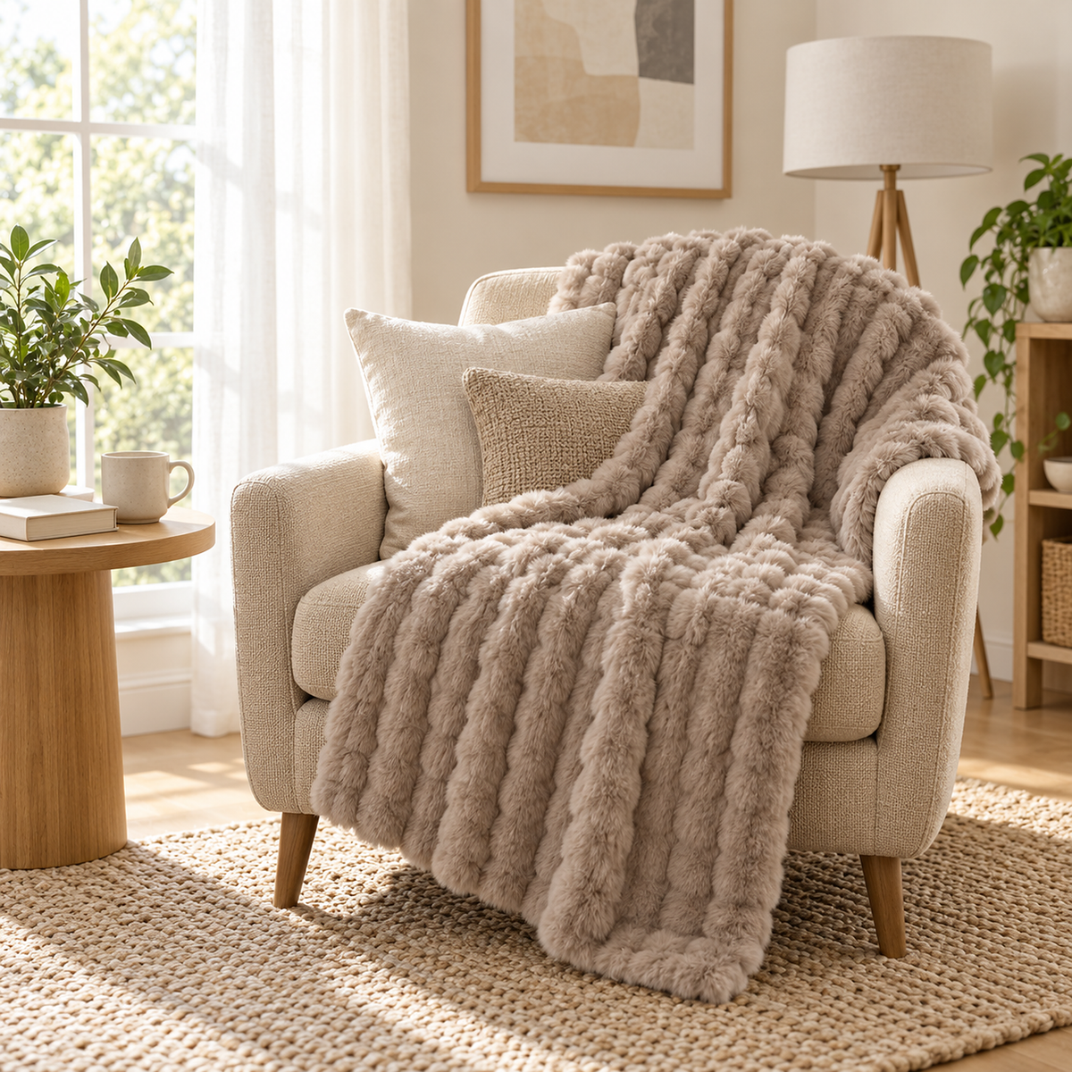 Molvari Brown throw blanket with plush raised rows draped over a cream armchair with cushions.