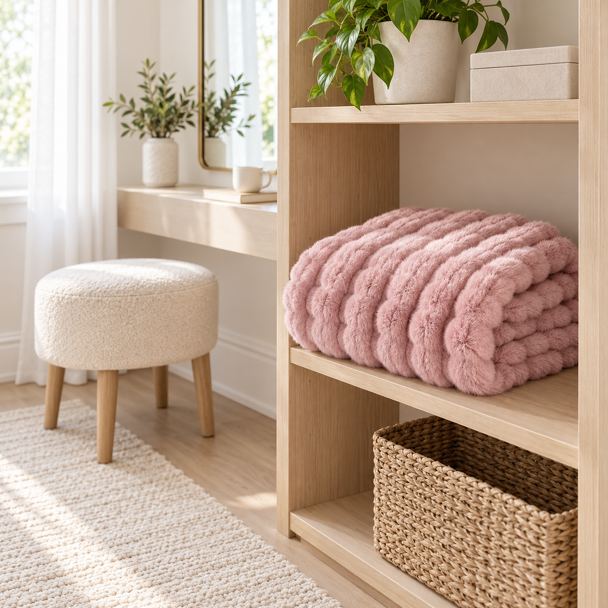 Molvari pink soft throw blanket loosely folded on a shelf in a guest dressing nook #color_pink
