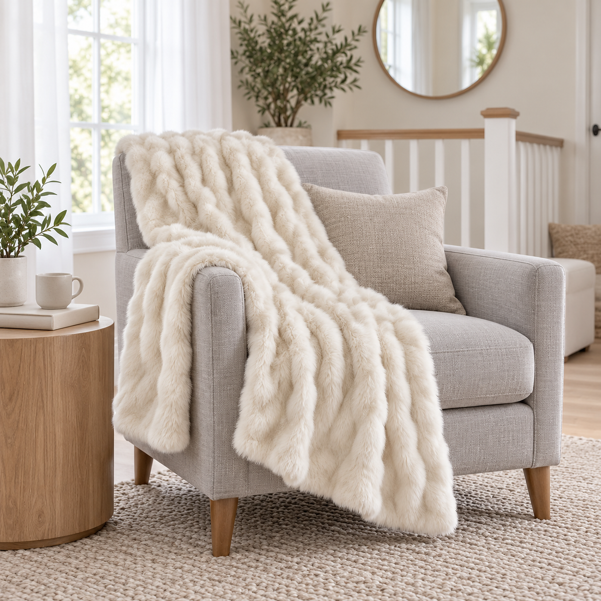 Molvari white plush throw blanket laid over an upholstered chair in an upper landing sitting area #color_white