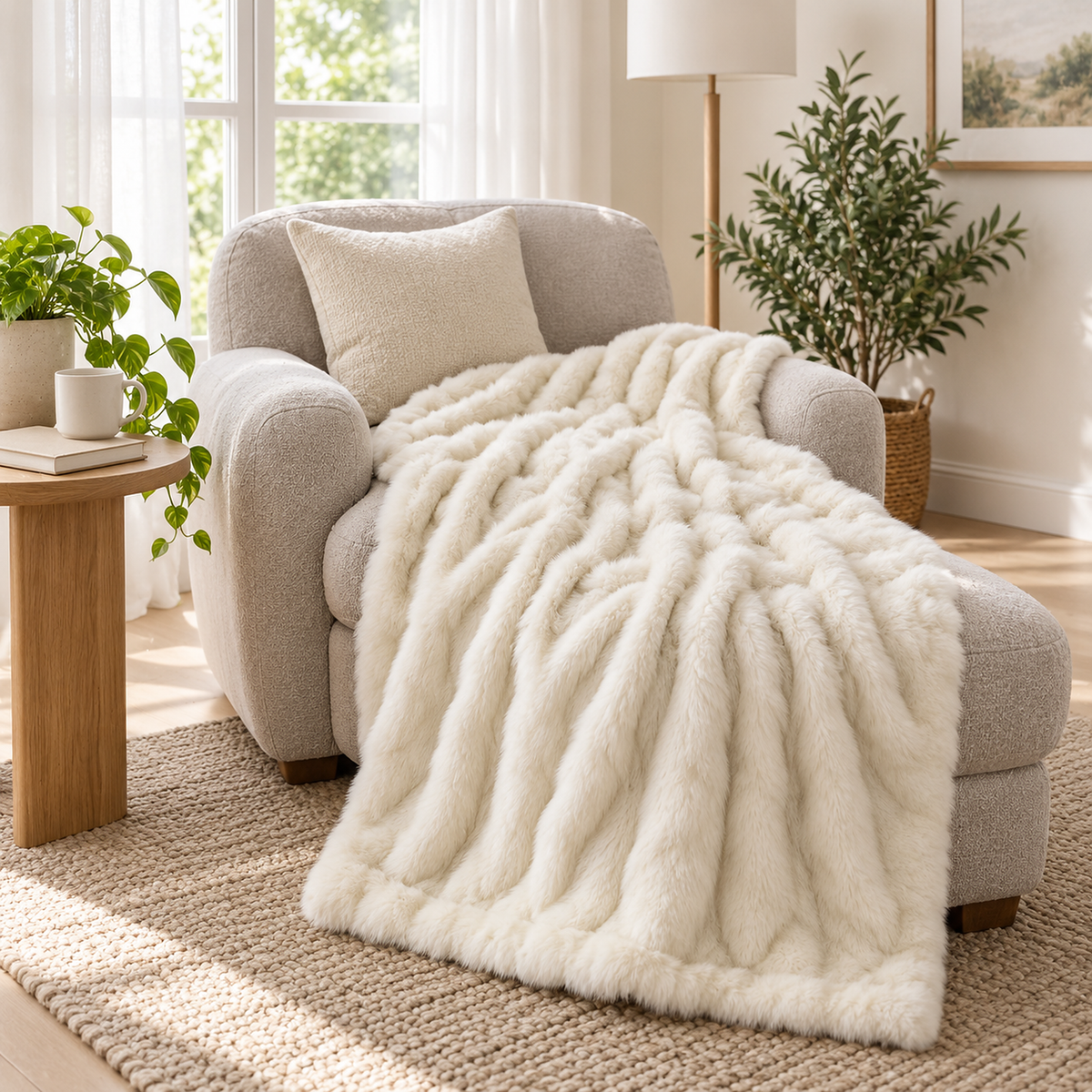 Molvari white throw blanket spread open across a lounge chair and ottoman in a garden facing niche #color_white